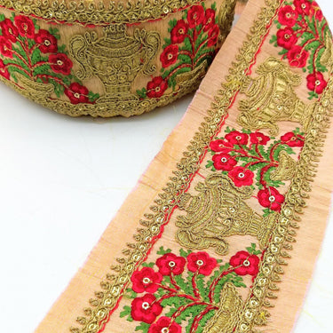 Peach Silk Trim With Floral Embroidery in Red, Green & Antique Gold, Indian Sari Border Trim By Yard Decorative Trim Craft Lace